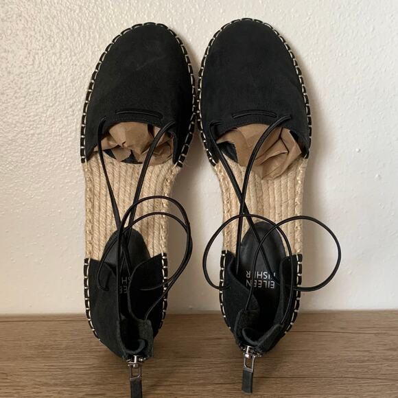 Eileen Fisher Flats Lace Leather Espadrille Closed Toe Strappy Black 8 US Jute - Picture 10 of 12